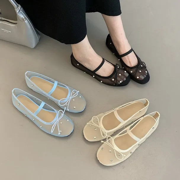 Water diamond mesh breathable shallow mouth single shoe for women's summer outdoor wear 2025 new flat bottomed bow ballet shoes