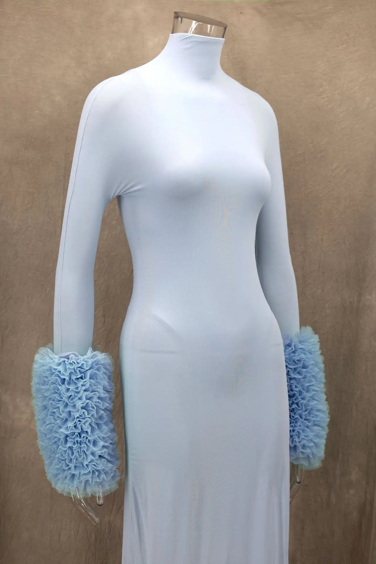 Mock Neck Ruffle Cuff Long Sleeve Bodycon Maxi Dress