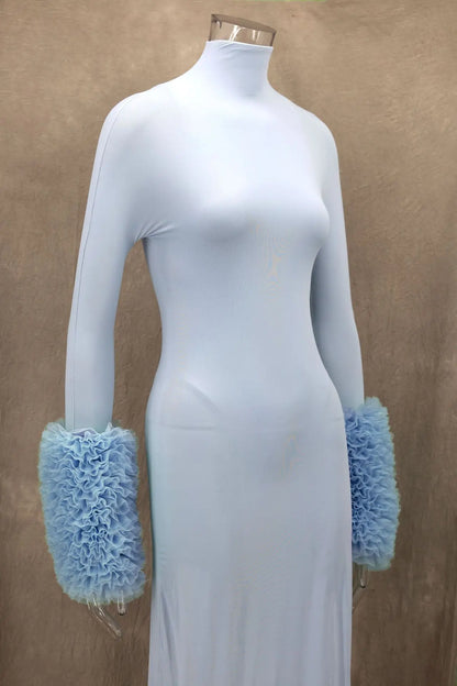 Mock Neck Ruffle Cuff Long Sleeve Bodycon Maxi Dress