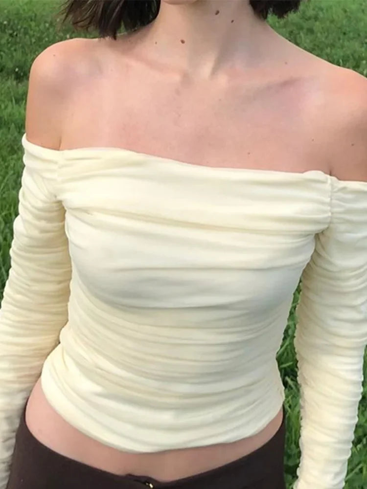 Mesh Patchwork Ruched Off-Shoulder Strapless