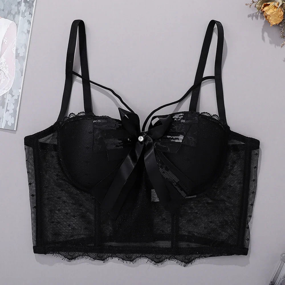 Summer New Women Mesh Lace Feather Camisole Bustier Bra Cropped Tops Beading Fishnet Hot Diamond Sexy Sleeveless Vest Slim