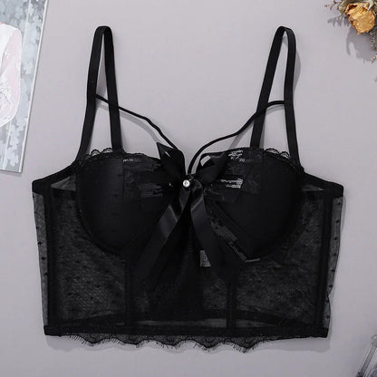Summer New Women Mesh Lace Feather Camisole Bustier Bra Cropped Tops Beading Fishnet Hot Diamond Sexy Sleeveless Vest Slim
