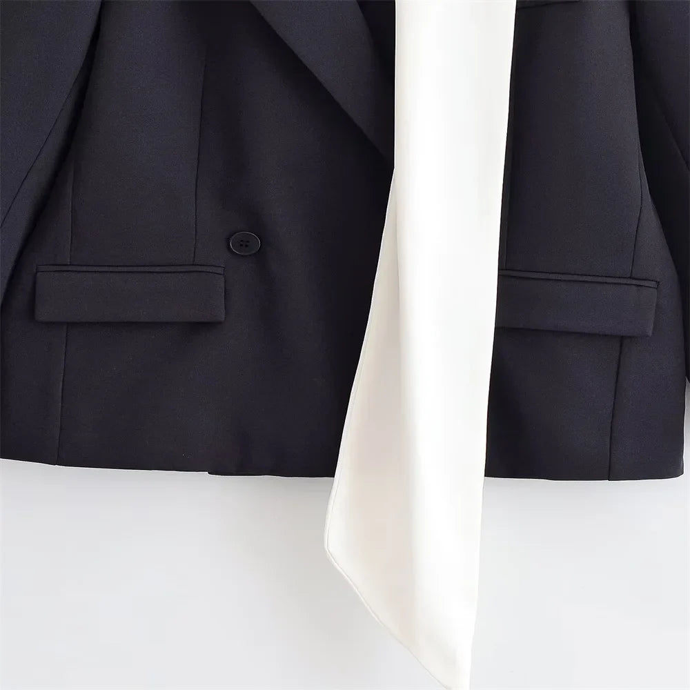 Fashion Scarf Blazers jacket Female Elegant Long Sleeve Patchwork Commute Pocket Outwear Women's Contrast Suit jacket 2026