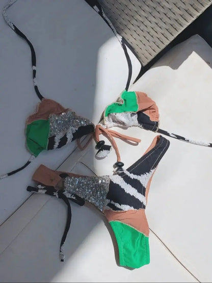 Sexy Stripe Bikini with Scarf Swimsuit Women Shirring Swimwear High Leg Two Piece Bathing Suit Beachwear Halter Biquini