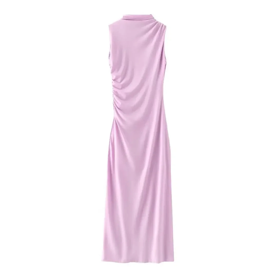 Elegant Slim Sleeveless Half High Collar Dresses Women Sexy Pleated Solid Evening Dress Female Summer New 2024 White Party Robe