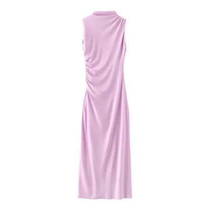 Elegant Slim Sleeveless Half High Collar Dresses Women Sexy Pleated Solid Evening Dress Female Summer New 2024 White Party Robe