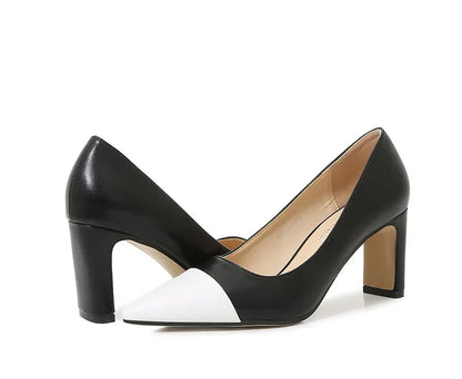 Women Newest Sweet Black And White Thick High Heels Shoes Pumps Big Bow Stilettos Pointy Toe Slip-On 35-46 28cm 7.5cm Chaussures