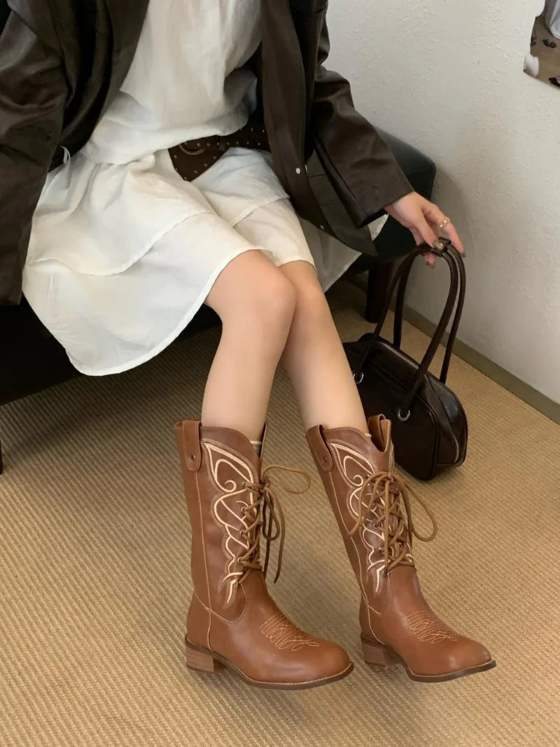 Retro Butterfly Embroidery Wedges Ankle Boots Women Fashion Rivet Sewing Lace Up Mid Calf Boots Luxury Cozy Brand Designer Boots
