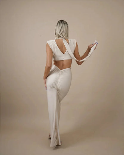 Mock Neck Structured Shoulder Waist Cutout Satin Maxi Gown
