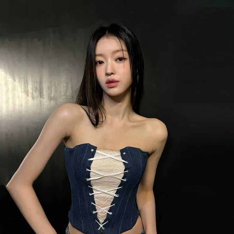 Autumn new women's fashion lace sexy fashion cross strap design Slim denim small vest