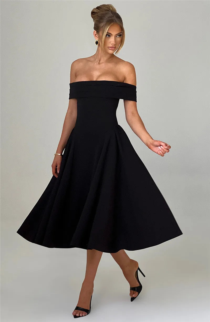 Off-Shoulder Folded Band Box Pleat Flare Midi Dress