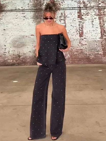 Nail Polka Dot Strapless Top Pants Women Set Off Shoulder Baggy Slimming Commute Blouse Vest Straight Leg Trousers Formal Attire