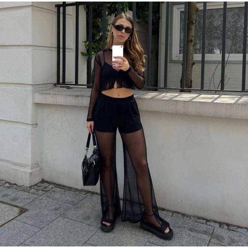 Mesh See Through Tassels Crop Top Pants Sets Women Long Sleeve O-neck Pullover Straight Trousers Suits 2025 Summer Holiday Set