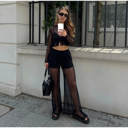 Mesh See Through Tassels Crop Top Pants Sets Women Long Sleeve O-neck Pullover Straight Trousers Suits 2025 Summer Holiday Set