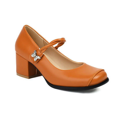 Plus Size Round Toe Thick Heel Metal Butterfly Decoration Office Lady's Shoes With Crossed Thin Straps And Shallow Mouth Pumps