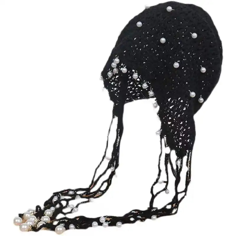 Japanese Spring Summer Handmade Crochet Knitted Hat Hollow Retro Fringed Pearl Sunscreen Hat Fashion Breathable Court Beanie Cap