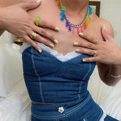 Patchwork Denim Ruffled Y2K Crop Top Women Pleated Strapless Off Shoulder Short Tank Tops Sexy Casual Cami Chic Tops