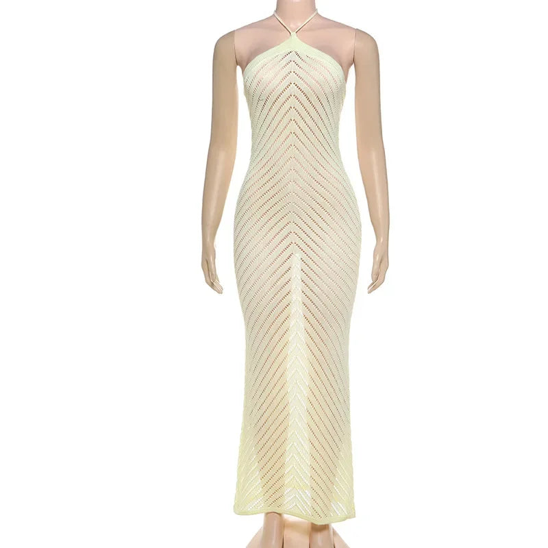 Women Solid Hollow Out Knitted Backless Bodycon Halter Maxi Dress Sleeveless Long Robe 2025 Summer Vacation Beach Outfits