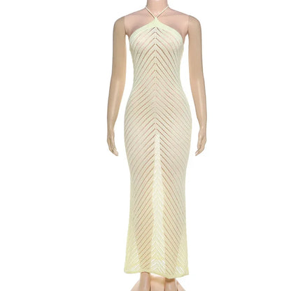 Women Solid Hollow Out Knitted Backless Bodycon Halter Maxi Dress Sleeveless Long Robe 2025 Summer Vacation Beach Outfits