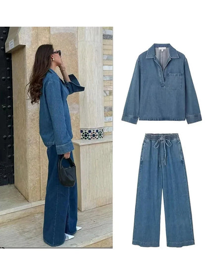 Denim Jacket Pants Set Outfits Women Autumn Winter Blue Pockets Loose 2 Pcs Set Casual Female Matching Set Retro