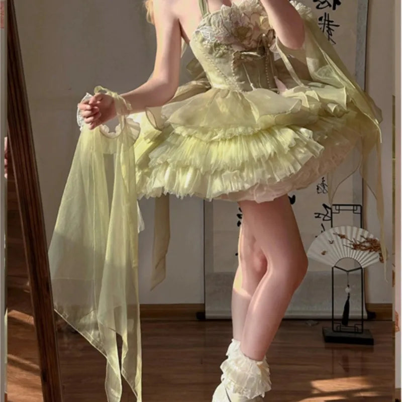 Green ballet style embroidery national light luxury sweet dress