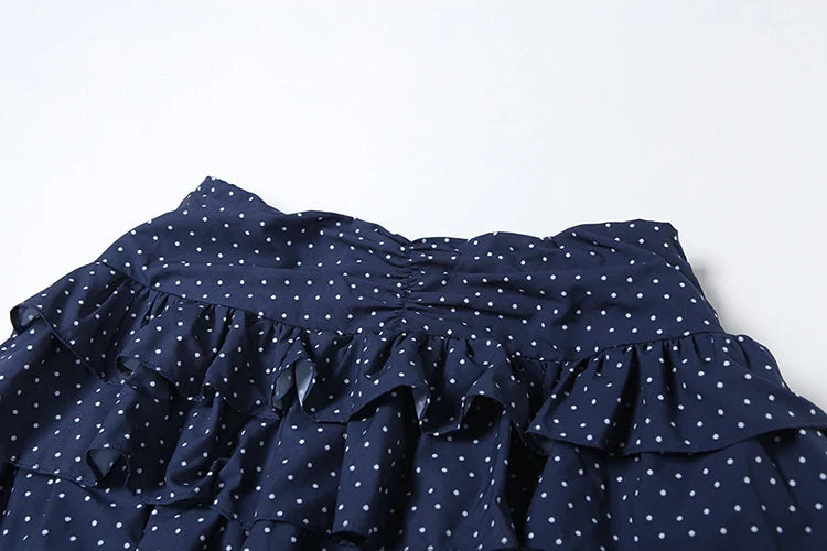 Low-Neck Polka Dots Women Two-Piece Set Halter Sleeveless Backless Mini Top+Multi-Layered Ruffles Sweet Bottoms Suits