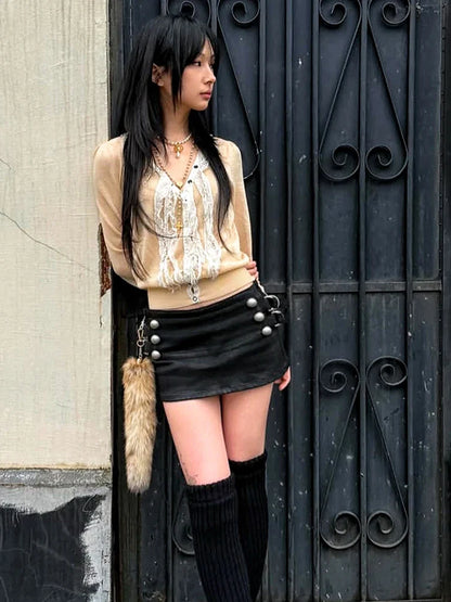 Hottie Skirt Women Metal Ring Double-Breasted Tie-Dye Print Folds Sexy Midnight Fashion Music Festival Streetwear