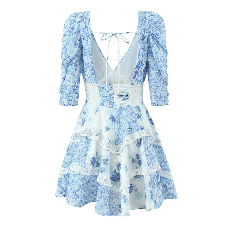 Summer Women Blue Floral Print A-line Mini Dresses Sexy Backless V Neck Lace Spliced Boho Dresses Female Holiday Robe New 2025