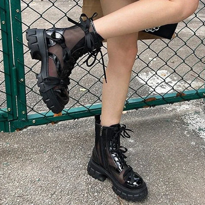 Summer Patent Leather Bowknot Cool Boots Women Hollow Out Platform Ankle Boots Woman Meah Thick Sole Booties Mujer