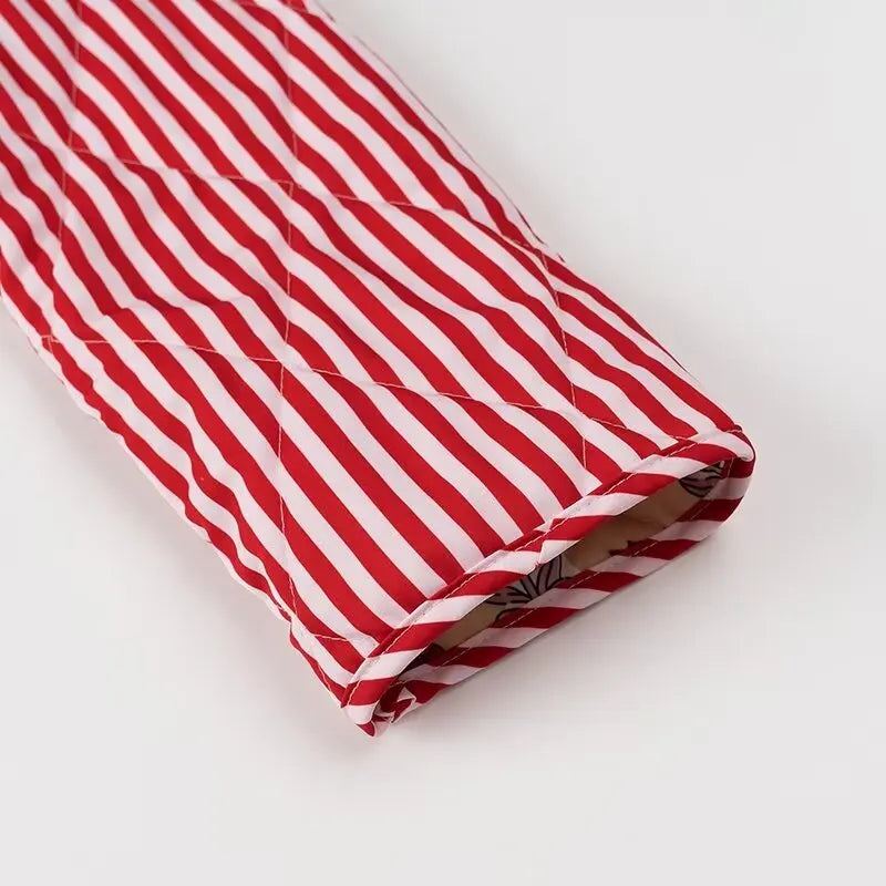 Autumn Winter Totem Flower Striped Print Tie Bow Sashes Quilted Reversible Coat Women Quilting Full Sleeve Loose Jacket