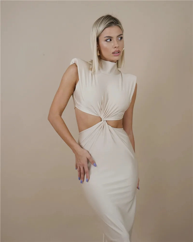 Mock Neck Structured Shoulder Waist Cutout Satin Maxi Gown