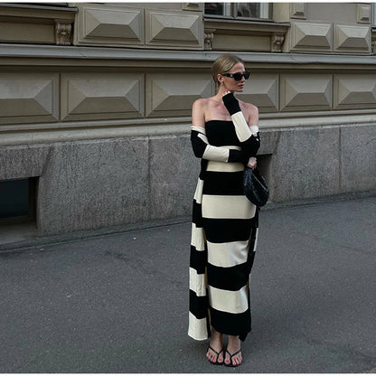Elegant Striped Knit Cardigan Dress Women Outfit Long Sleeve Button Jacket Tube Sleeveless Dresses Spring Autumn Lady Set