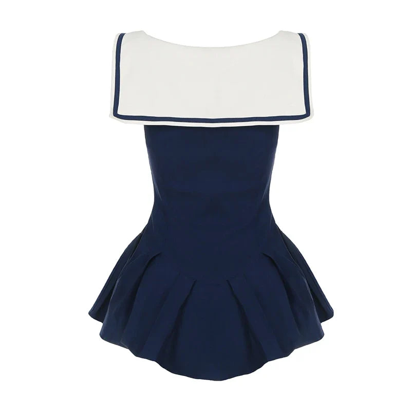 Sailor Collar Single-breasted A-Line Top Preppy Style Women's Pleated Sleeveless Tops Barbiecore Sleeveless T-shirt Y2K