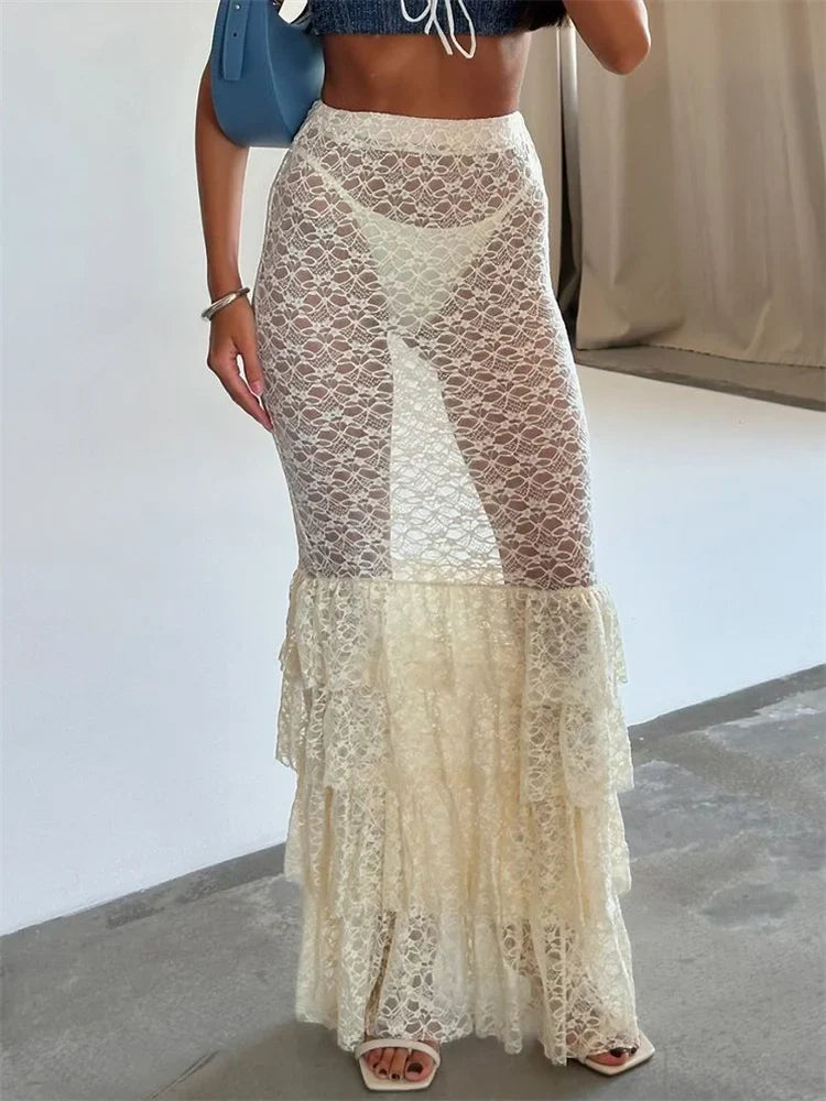 Lace Printed 2 Piece-Set Maxi Skirt For Women Ruffled See-Through Hollow Out Party Outfits Summer Female Long Skirt Sets