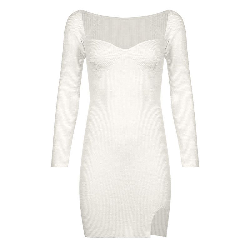 Ribbed Knit Sweetheart Neck Long Sleeve Hem Slit Mini Dress