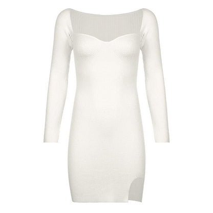 Ribbed Knit Sweetheart Neck Long Sleeve Hem Slit Mini Dress