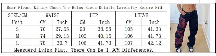 Ladies Fashion Y2k Baggy Black Wind Dragon Printed Woman High Waist Straight Leg Jeans Graphic Streetwear Denim Trousers