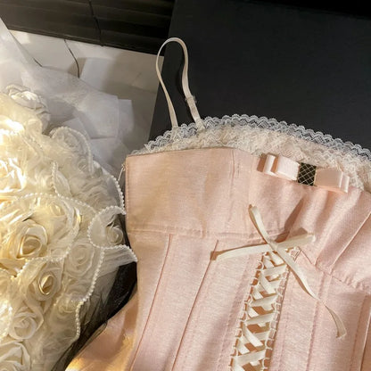 Spicy Girl Pink Tank Top for Women Summer Chest Pads Lace Treim Suspender Camisole Unique Lace-up Y2k Tops Camison Verano