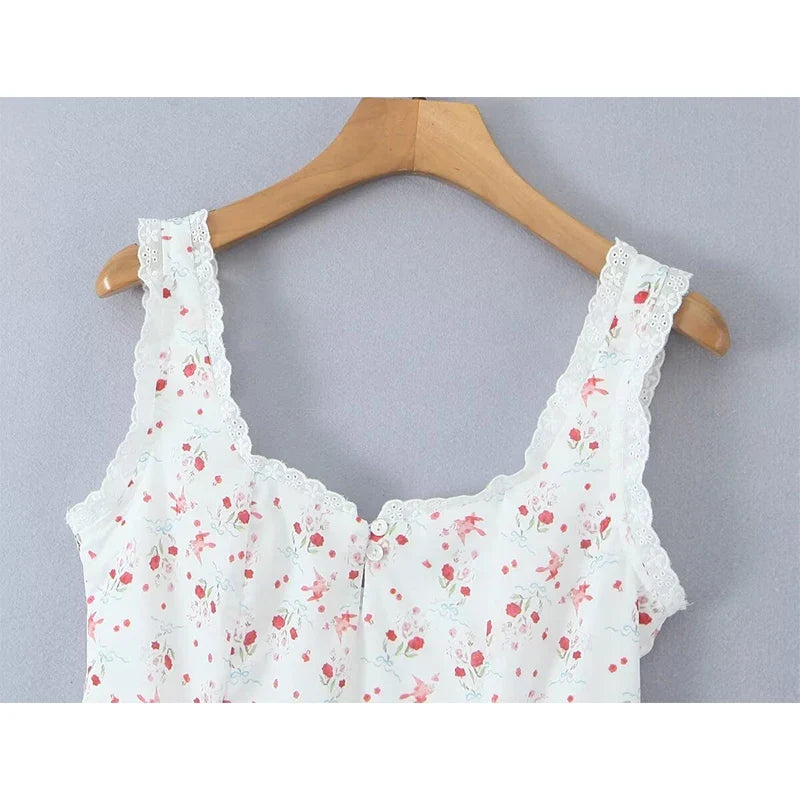 Sweet Girl French Style Floral Print Sleeveless Dress Women Lace Spliced A-line Summer Mini Dress Holiday Robe Vestidos