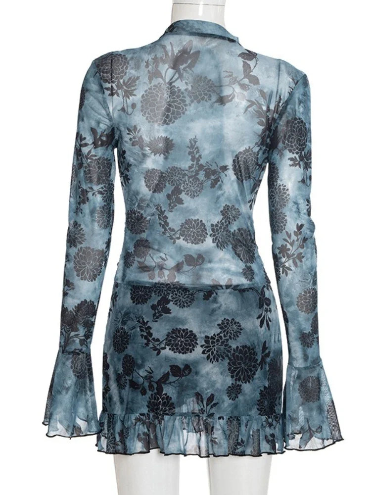Women's New Printed Mesh Mini Dress Sexy Deep V Neck Long Sleeve Ruched High Waist Slim Fit Ruffle Hem Party Dress Outfits