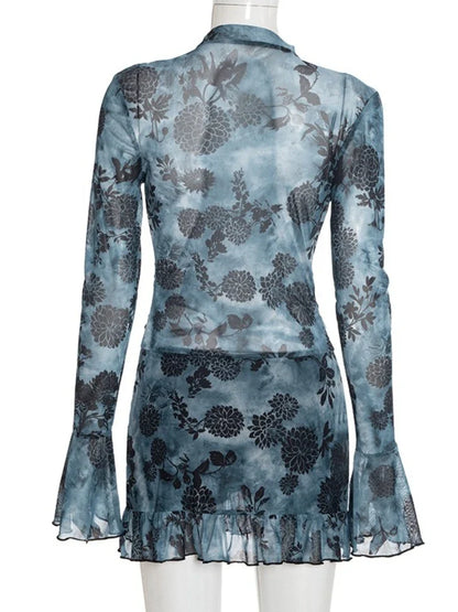 Women's New Printed Mesh Mini Dress Sexy Deep V Neck Long Sleeve Ruched High Waist Slim Fit Ruffle Hem Party Dress Outfits