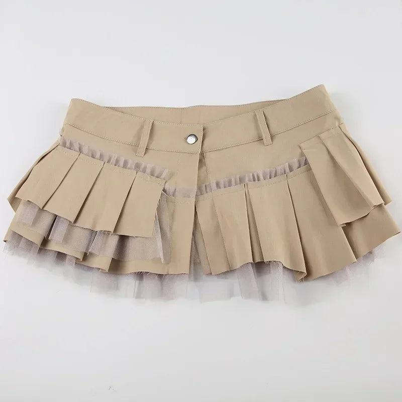 Rhinestone Belts Sexy Y2K Irregular Layered Mesh Cargo Skirts for Womens Summer Fashion High Waist Micro Mini Skirt Female