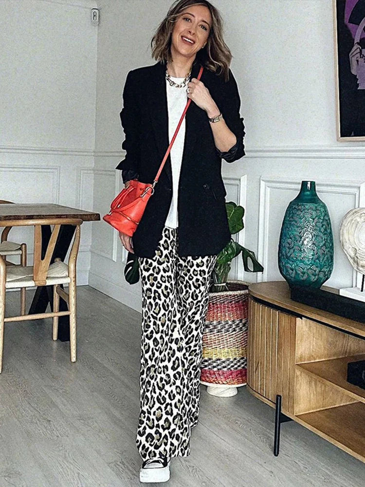 Women Leopard Flared Pants Loose High Street 2024 Spring Summer Fashion Casual Female Trousers Pocket Streetwear Long Pant