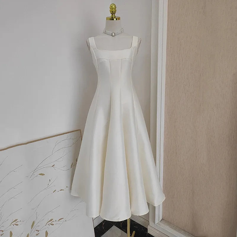Square Collar Evening Dress French Hepburn Style Niche Temperament Retro Sling Slim Waist Wedding Party Dresses Fluffy Prom Robe