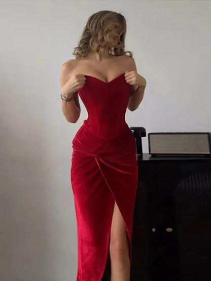 Women Bandage Backless Knotted Long Dress Velvet Split Sleeveless Slim Evening Party Hip Package Dresses Female Sexy Gown Robe