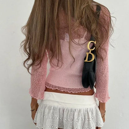Women Coquette Sexy Sheer Knitted Shrug Tie-up Crop Tops Open Front Cardigan Lightweight Knitted Slim Fits Going Out Beach Tops