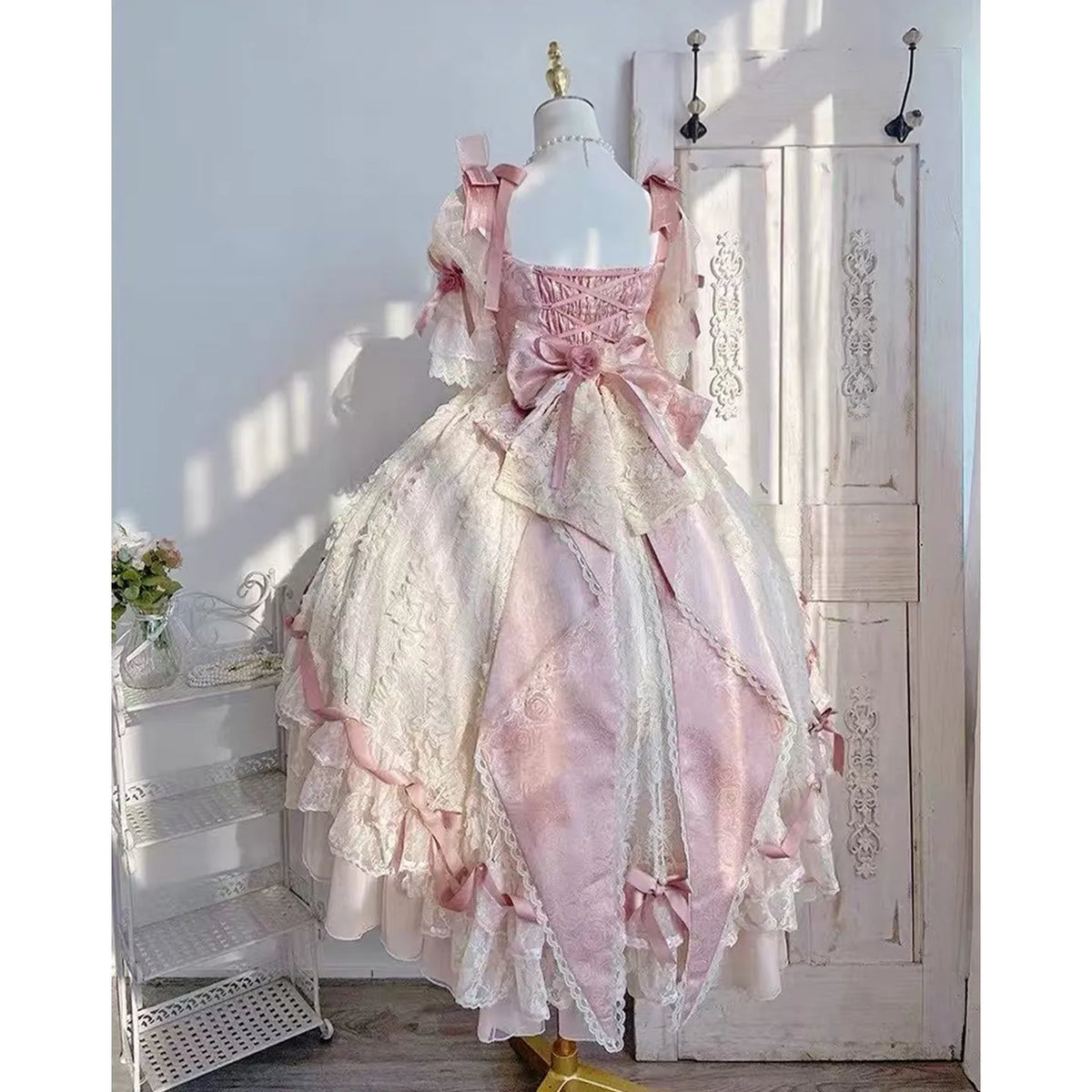A wedding dress with shorter front and longer back for student's birthday coming-of-age ceremony