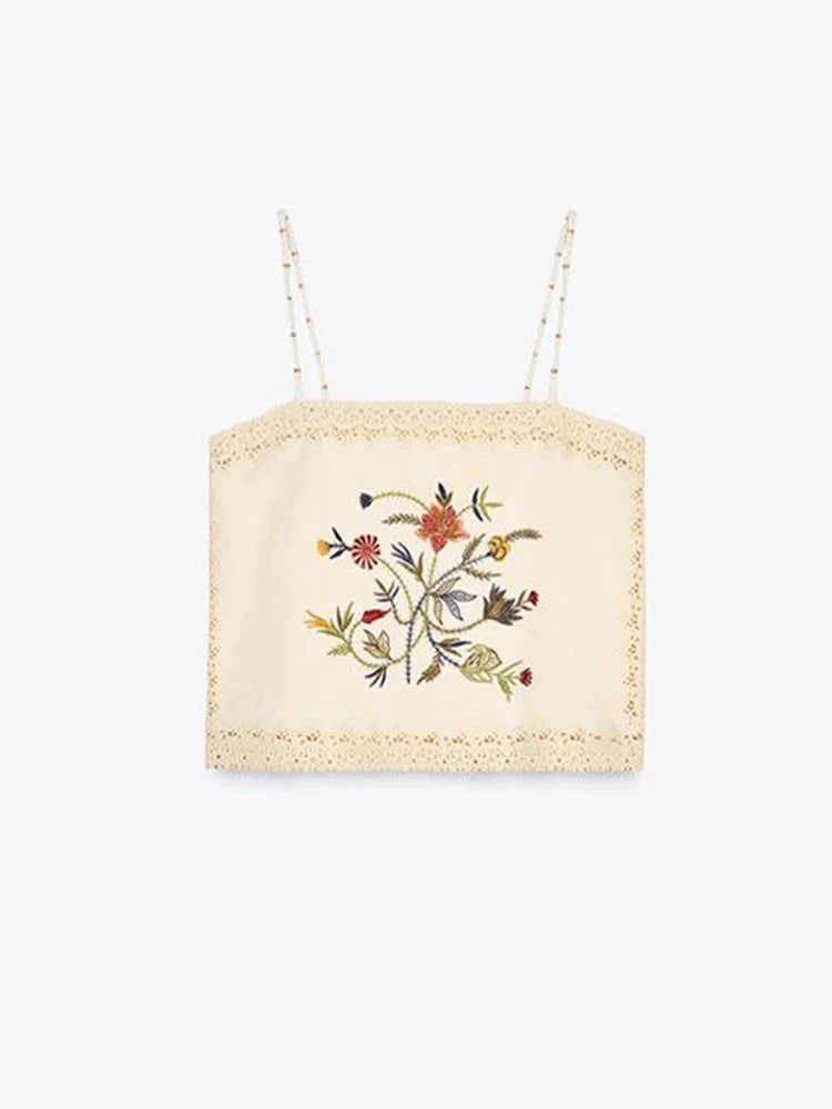 Bead Flower Embroidery Tank Top Shorts Suits 2 Pieces Women Backless Strap Sleeveless Vest Wide Leg Shorts Suits Patchwork Sexy