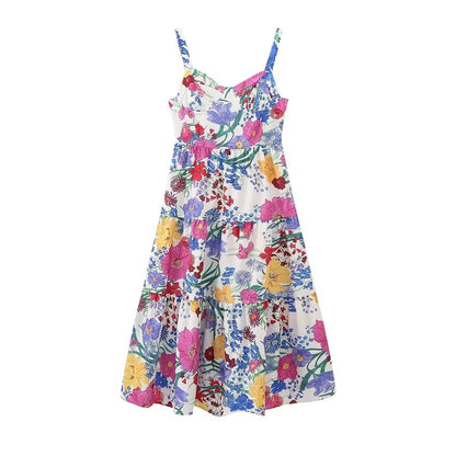 Women's Summer New Fashion Simple Four sided Spring Flower Print Waistless Sleeveless Hanging Strap Dress