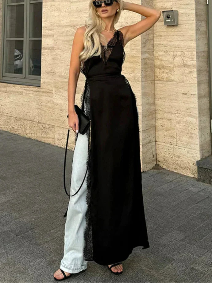 Lace Trim High Split Spaghetti Strap Satin Slip Maxi Dress